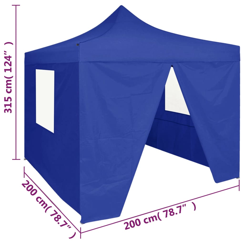 Tente de fête professionnelle pliable avec 4 parois latérales 2×2m bleu acier