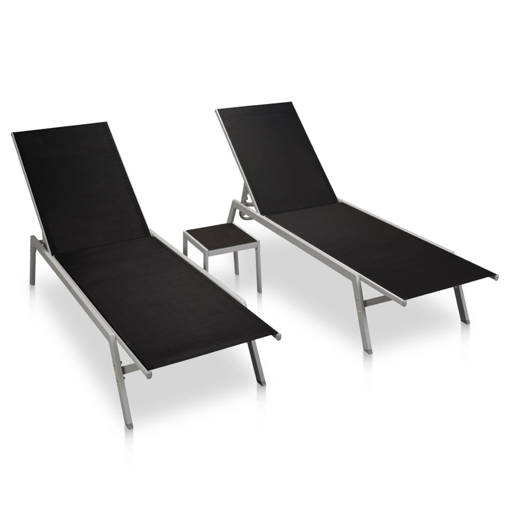 Sun loungers 2 pcs. with table steel and textilene black