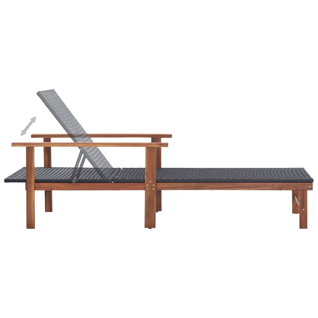Sun lounger poly rattan and solid black acacia wood