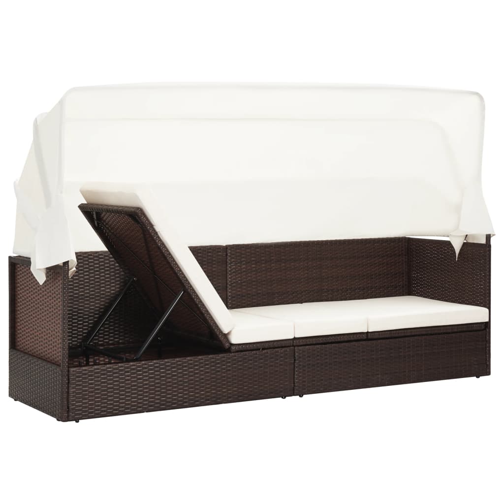 Garden sofa with sun canopy poly rattan brown