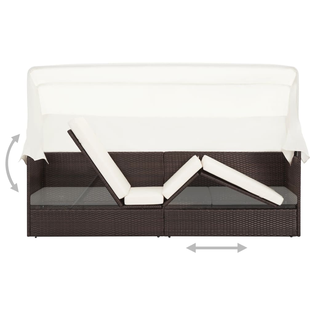 Garden sofa with sun canopy poly rattan brown