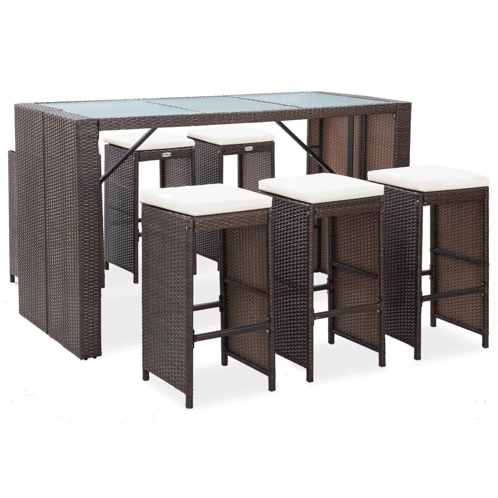 7 pcs. Garden bar set with cushions poly rattan brown