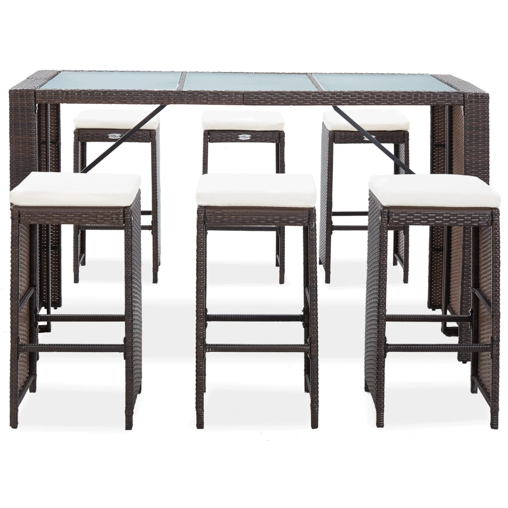 7 pcs. Garden bar set with cushions poly rattan brown