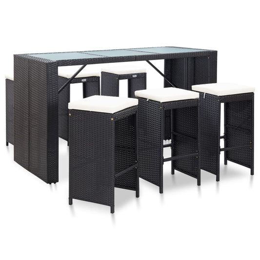 7 pièces. Salon de bar de jardin avec coussins poly rotin noir