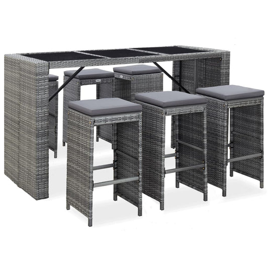 7 pièces. Salon de bar de jardin avec coussins poly rotin gris