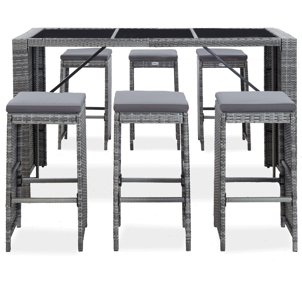 7 pcs. Garden bar set with cushions poly rattan gray