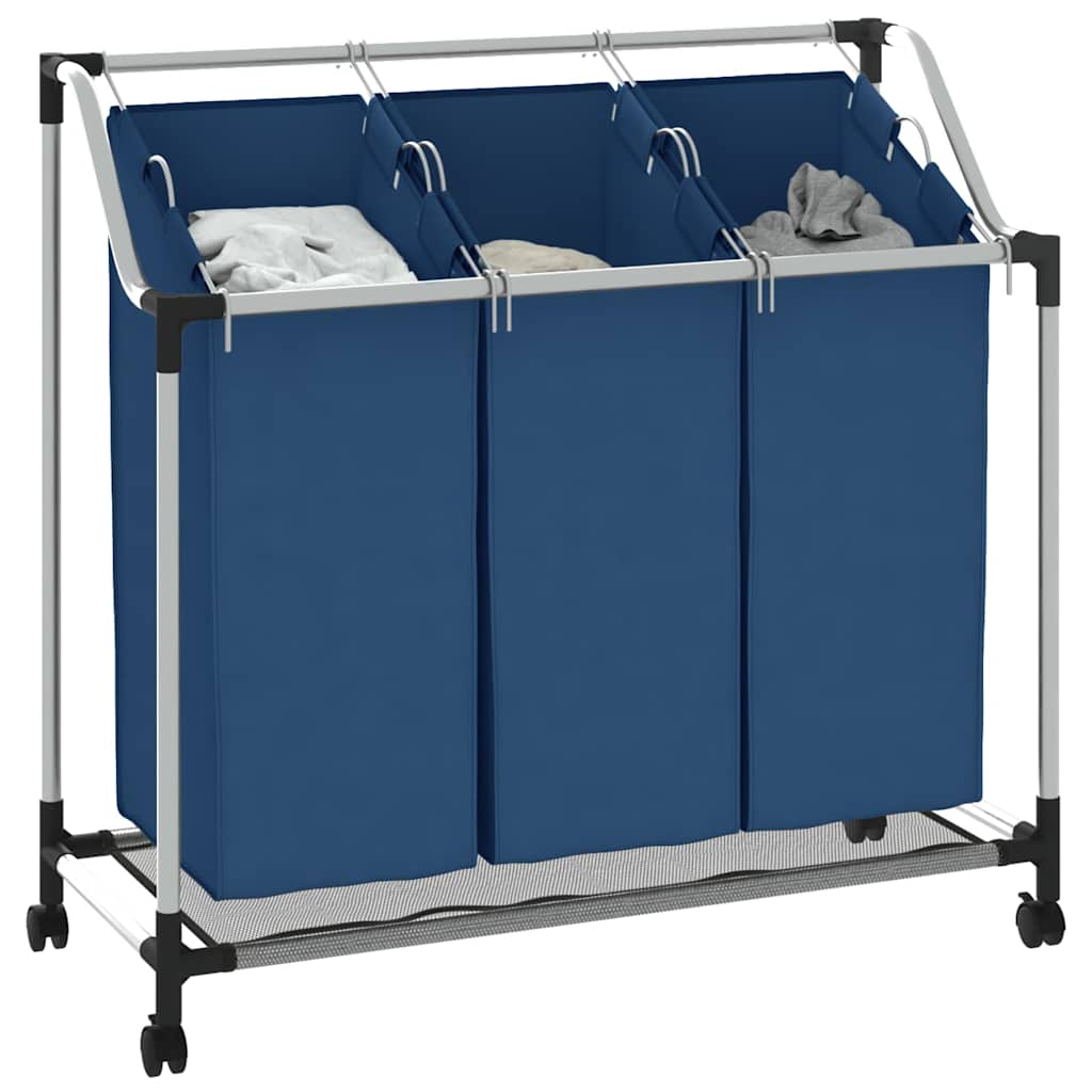 Wäschesortierer mit 3 Taschen Blau Stahl