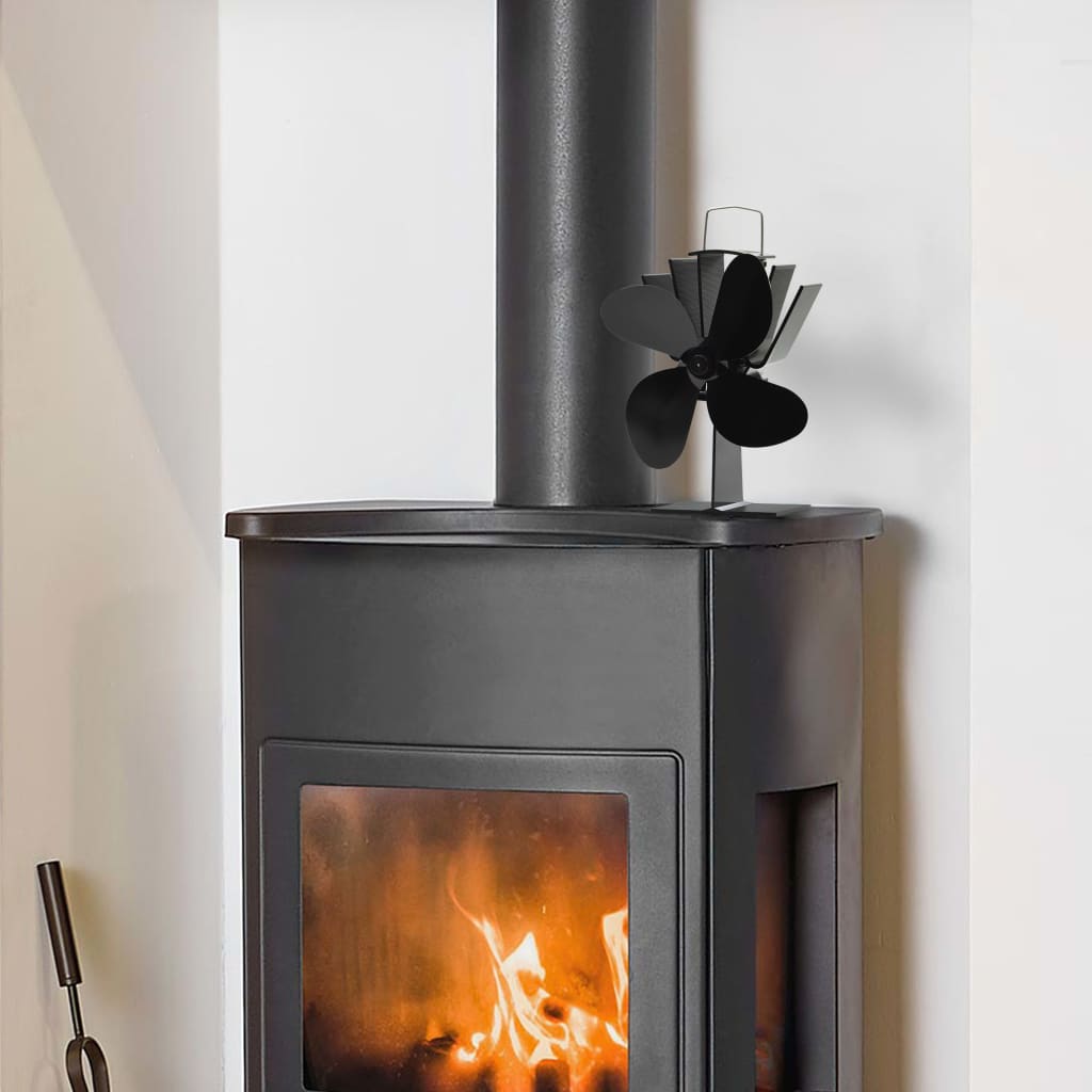 Stove Fan Heat Powered 4 Blades Black