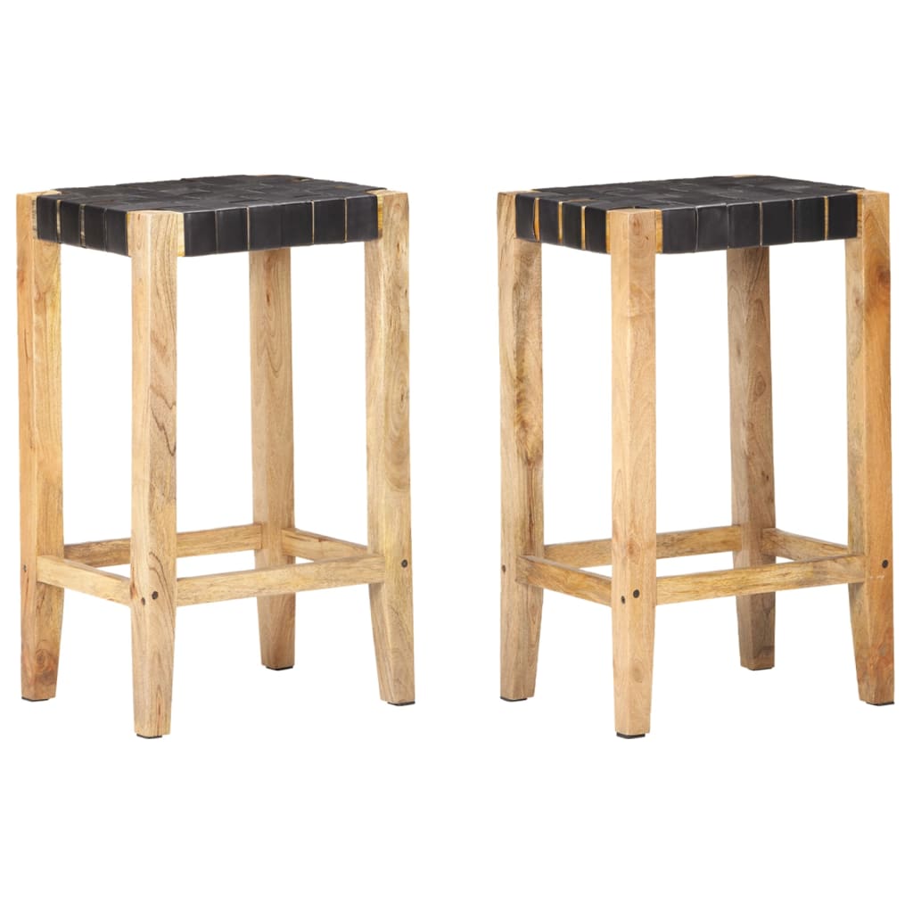 Bar stools 2 pieces black genuine leather 75 cm