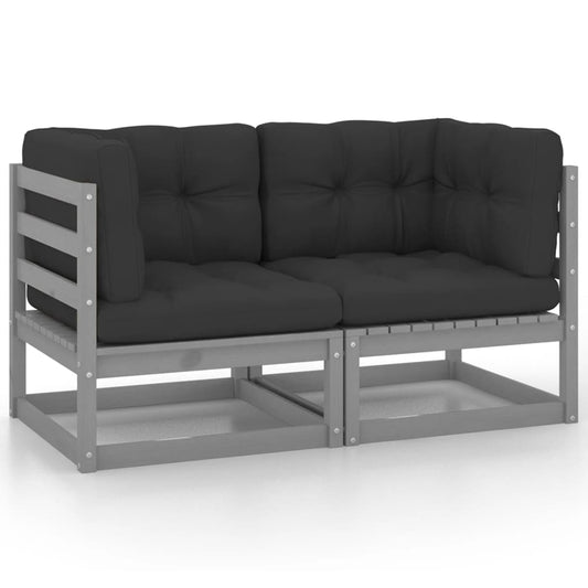 Garden sofa 2-seater with cushions gray solid pine wood