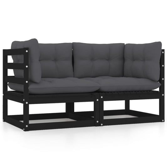 Garden sofa 2-seater with cushions black solid pine wood