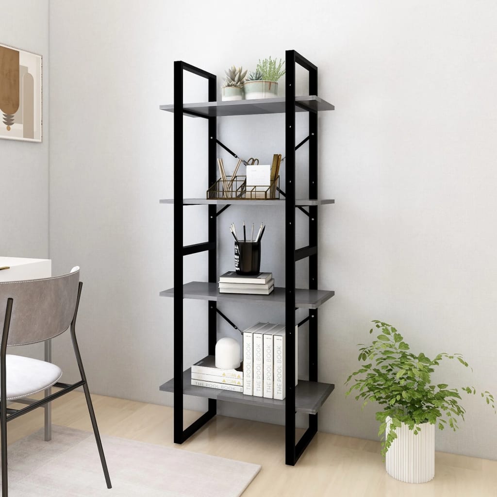 Bibliothèque 4 compartiments gris 60x30x140 cm bois de pin massif