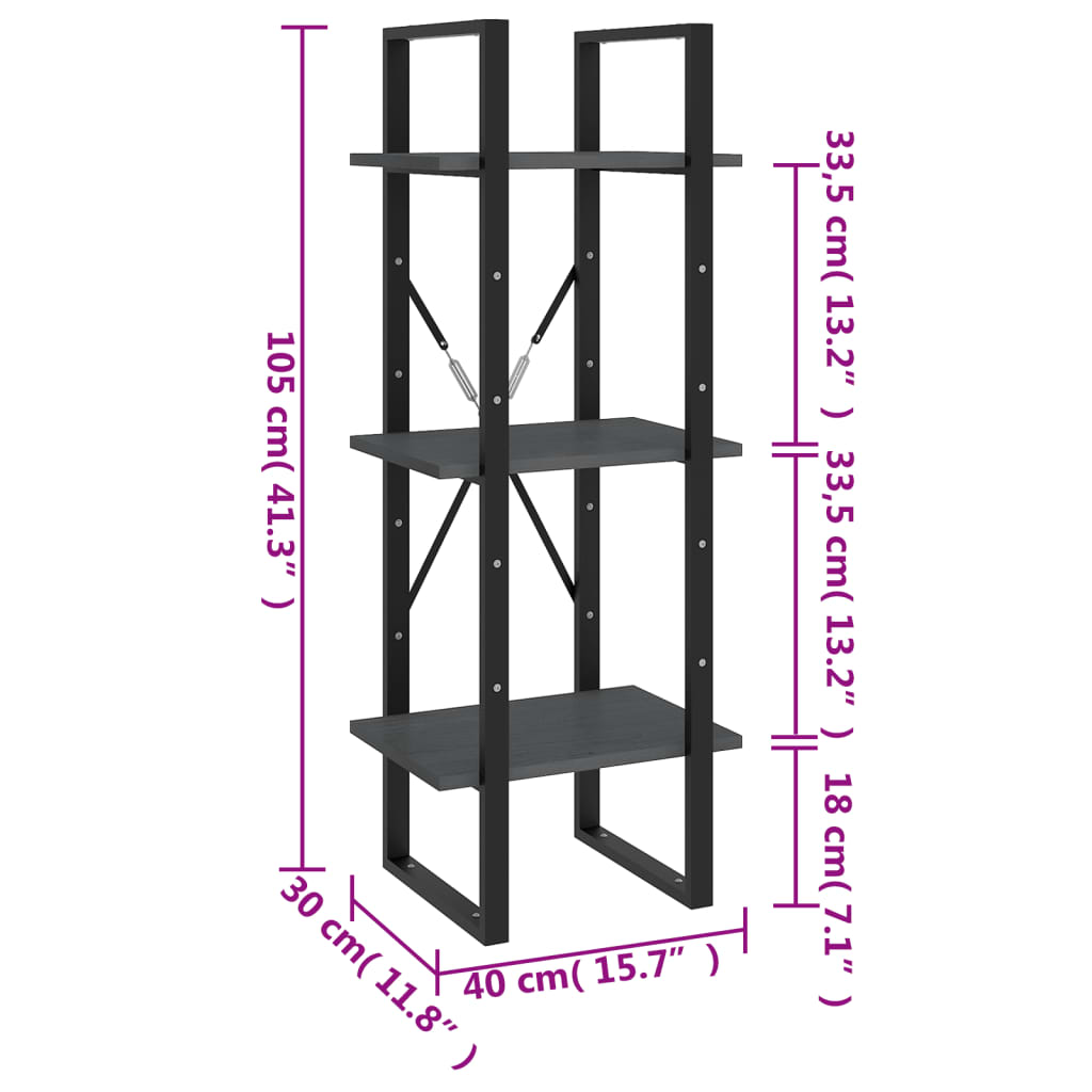 Bookcase 3 compartments gray 40x30x105 cm solid pine wood