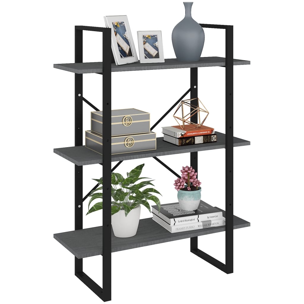 Bibliothèque 3 compartiments gris 80x30x105 cm bois de pin massif