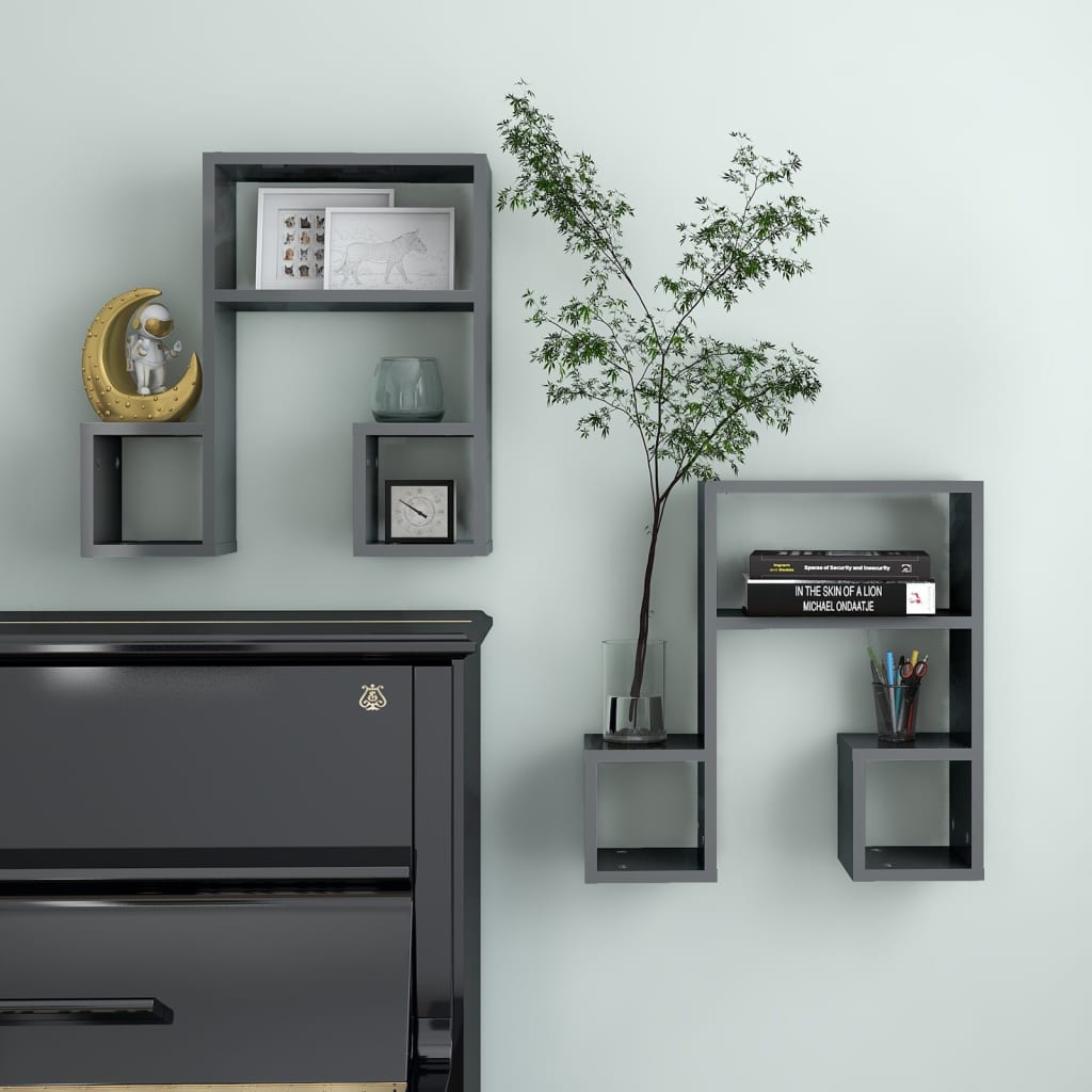 Wall shelves 2 pieces high gloss gray 50x15x50 cm wood material