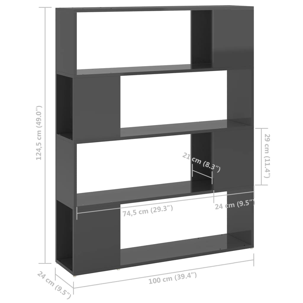 Bookcase room divider high-gloss gray 100x24x124 cm