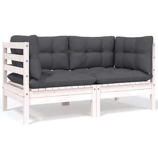 2-seater garden sofa with cushions in white solid pine wood