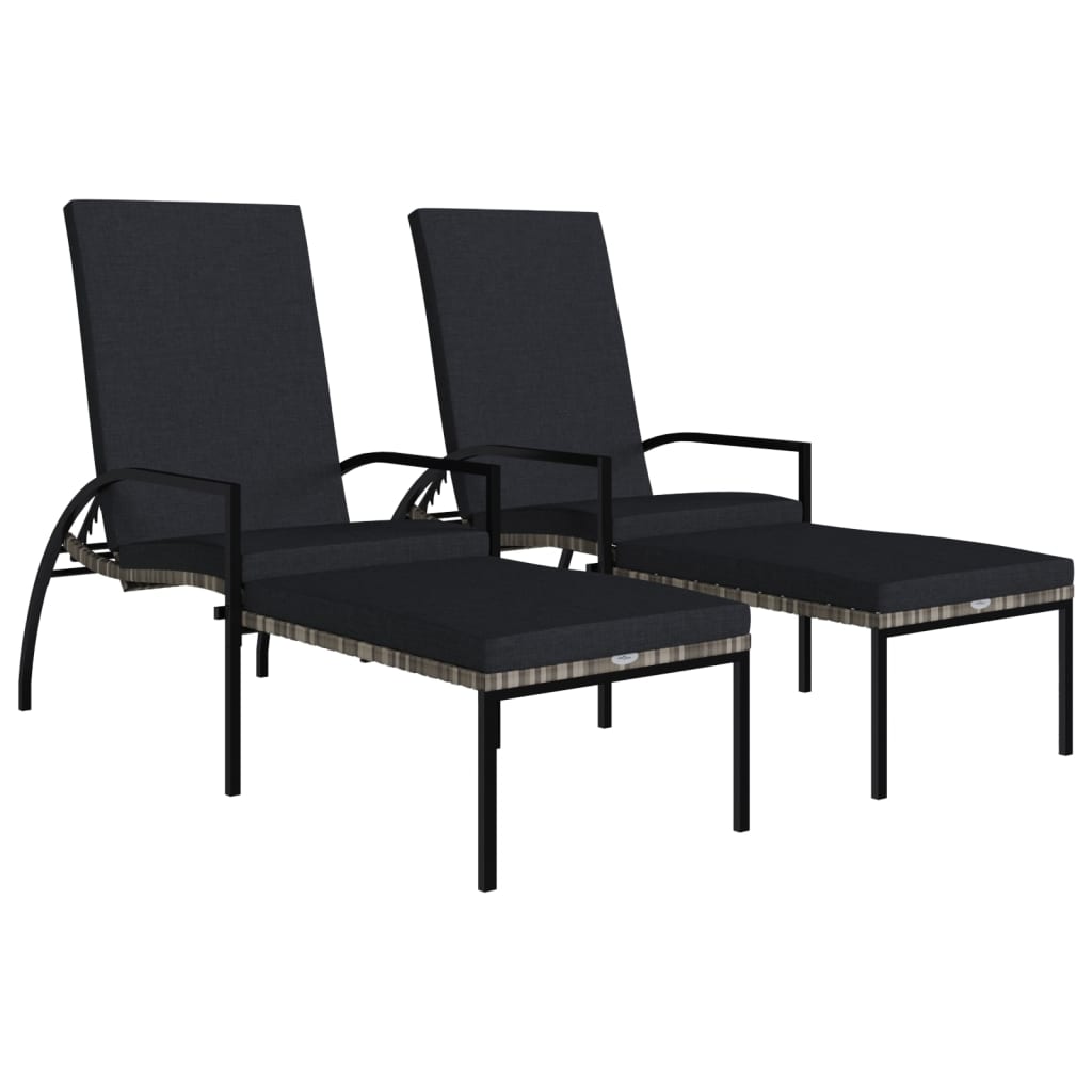 Sun loungers 2 pcs. with footstool PE rattan grey