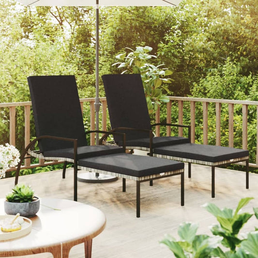 Sun loungers 2 pcs. with footstool PE rattan grey