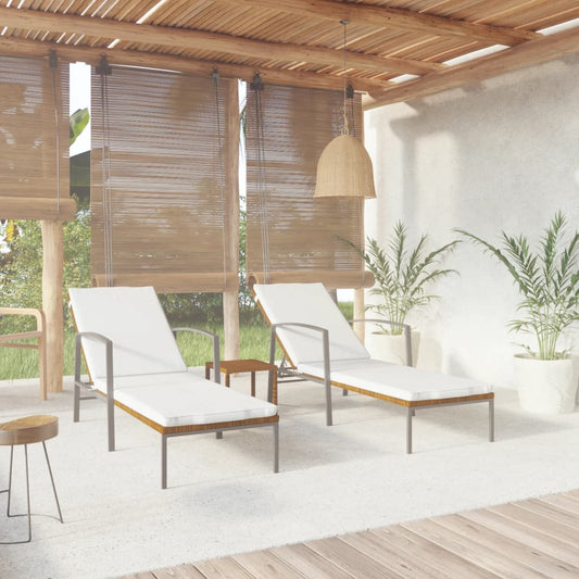 Sun loungers 2 pieces with table poly rattan brown