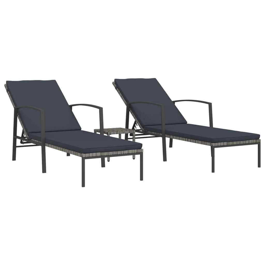 Sun loungers 2 pieces with table poly rattan gray