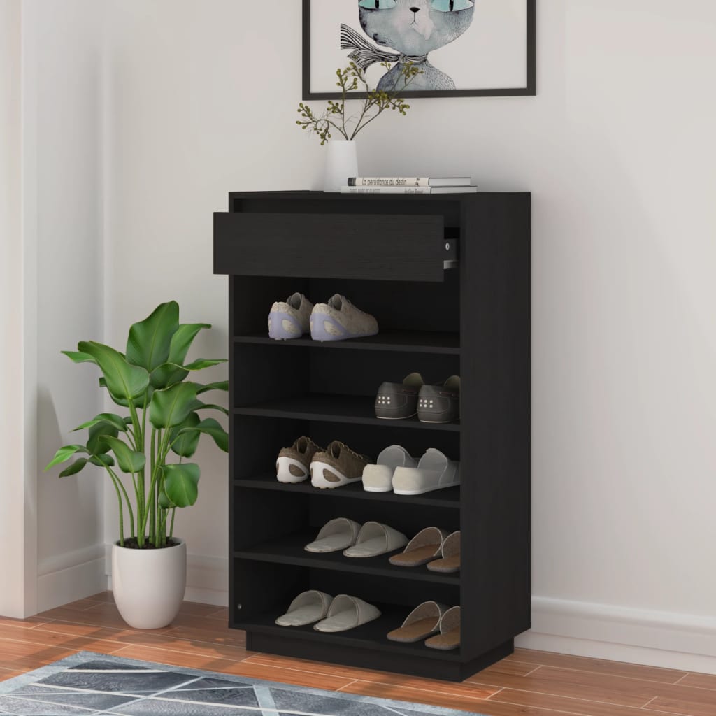 Étagère à chaussures noir 60x34x105 cm en bois de pin massif