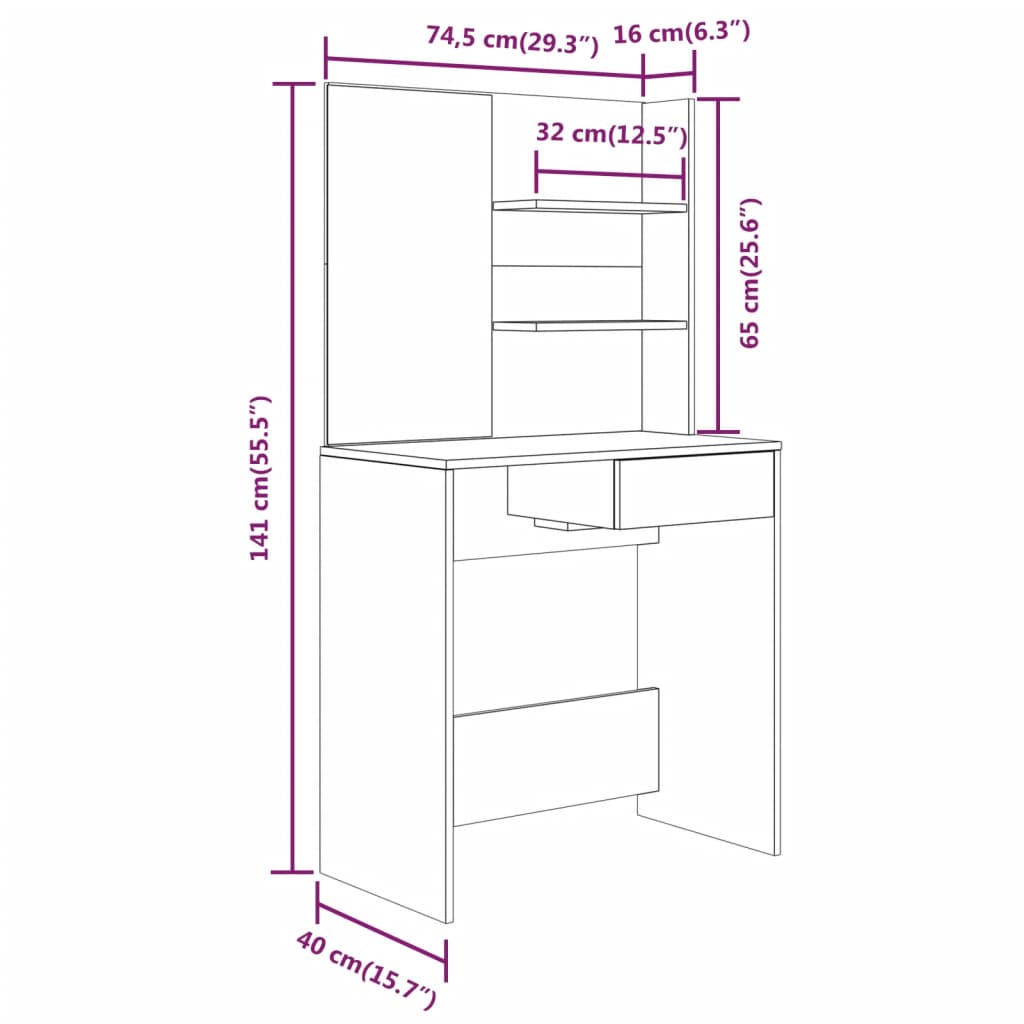 Dressing table with mirror brown oak 74.5x40x141 cm