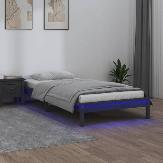 Lit en bois massif avec éclairage LED gris 90x200 cm