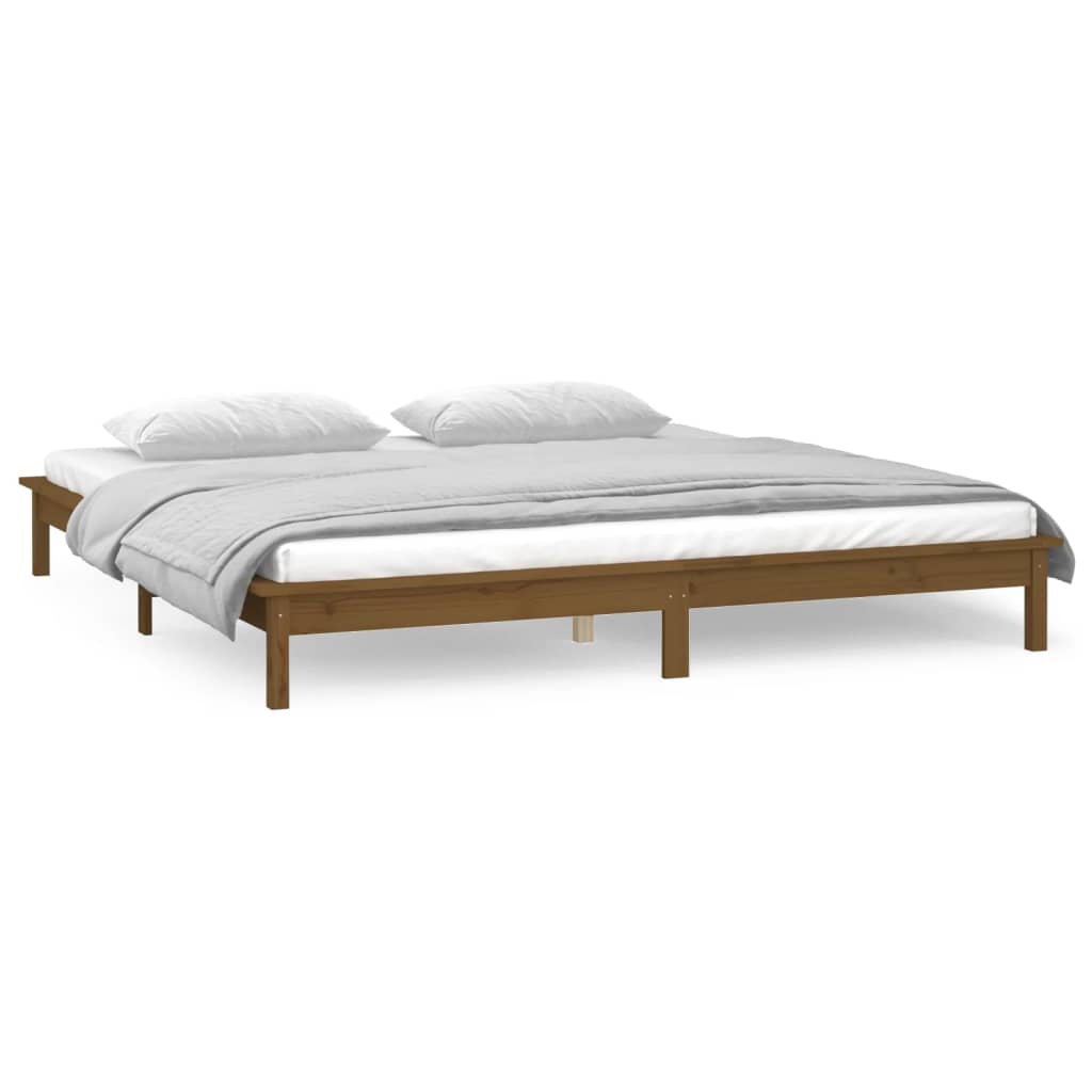 Lit en bois massif avec éclairage LED marron miel 200x200 cm