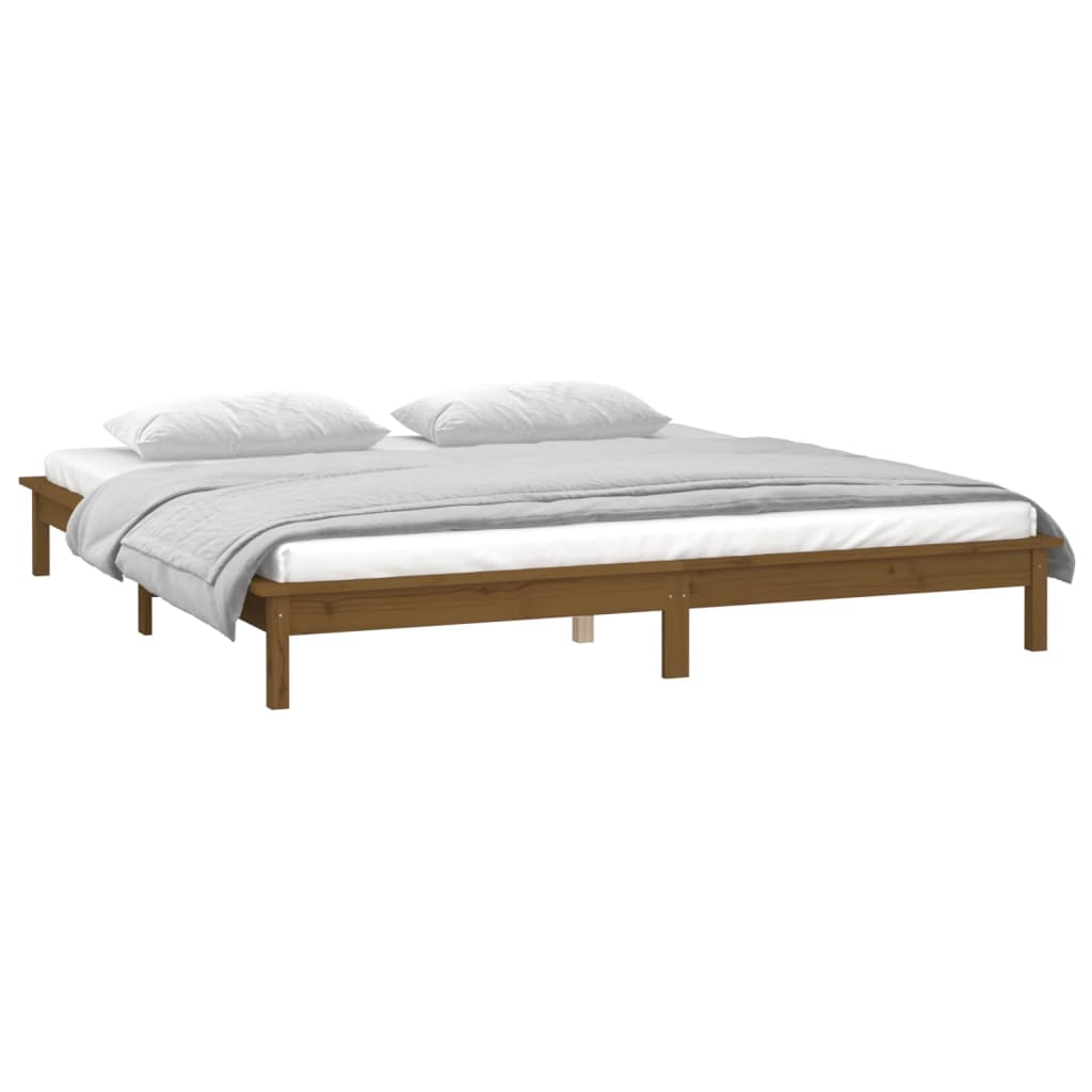 Lit en bois massif avec éclairage LED marron miel 200x200 cm
