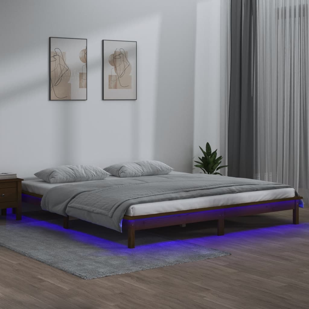 Lit en bois massif avec éclairage LED marron miel 200x200 cm