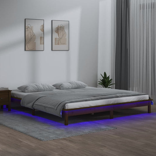 Lit en bois massif avec éclairage LED marron miel 200x200 cm