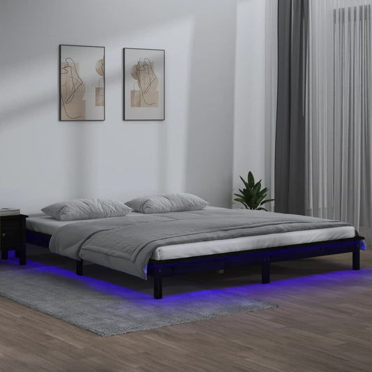 Lit en bois massif avec éclairage LED noir 200x200 cm