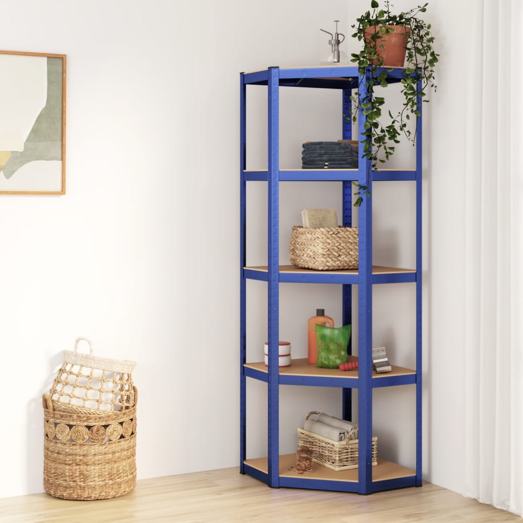 Corner shelf with 5 shelves blue steel &amp; wood material