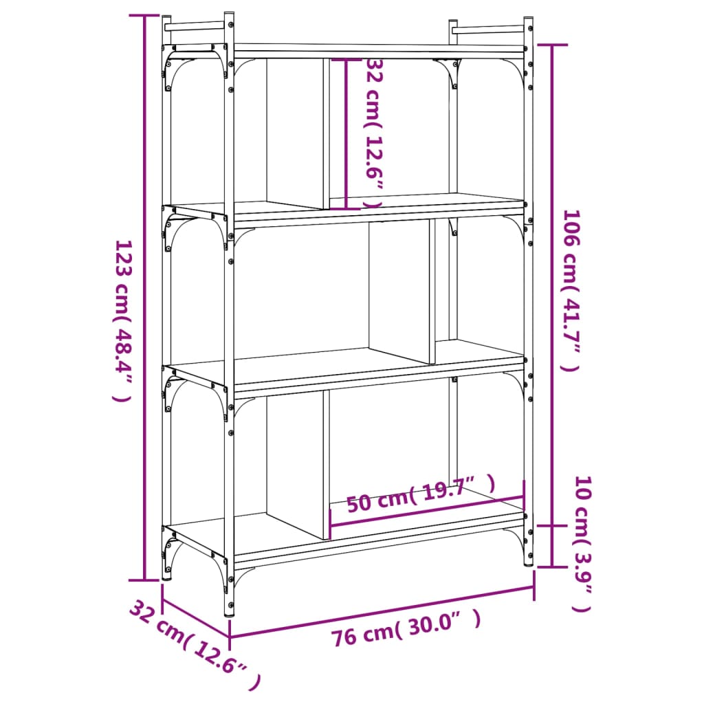 Bibliothèque 4 étagères aspect chêne marron 76x32x123cm matière bois