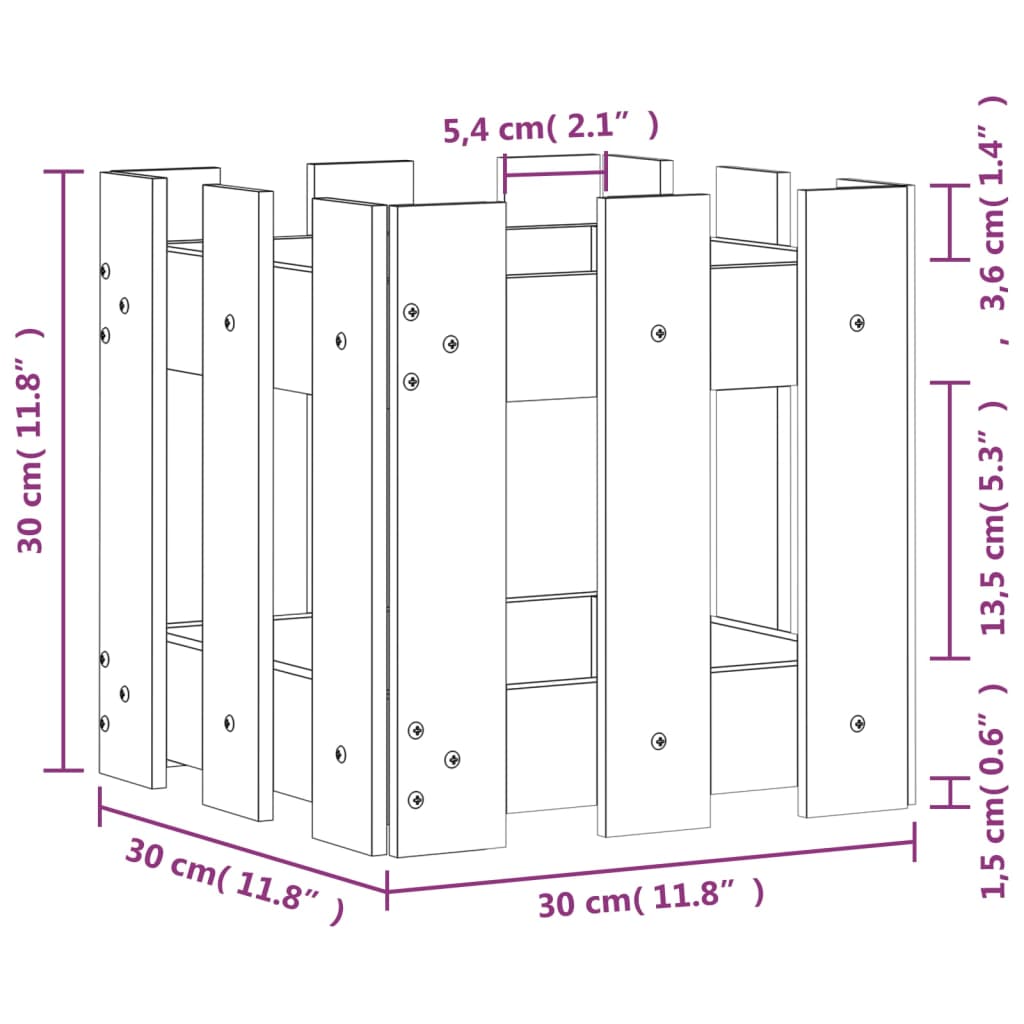 Plant pot picket fence design 30x30x30 cm solid pine wood
