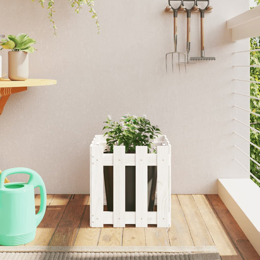 Plant pot picket fence design white 40x40x40cm solid pine wood