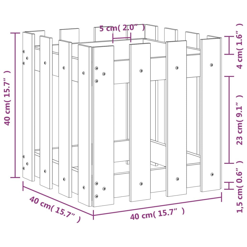 Plant pot picket fence design black 40x40x40 cm pine wood