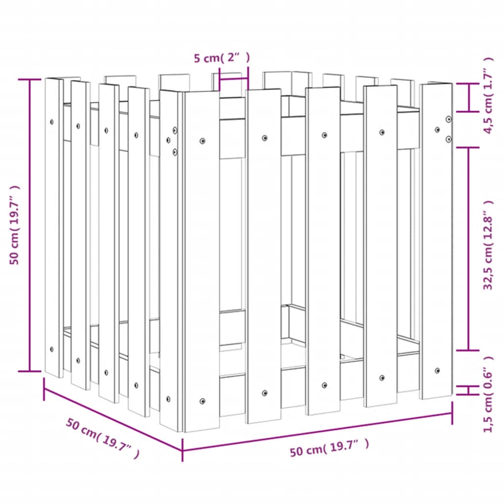 Cache-pot design palissade blanc 50x50x50cm bois de pin massif