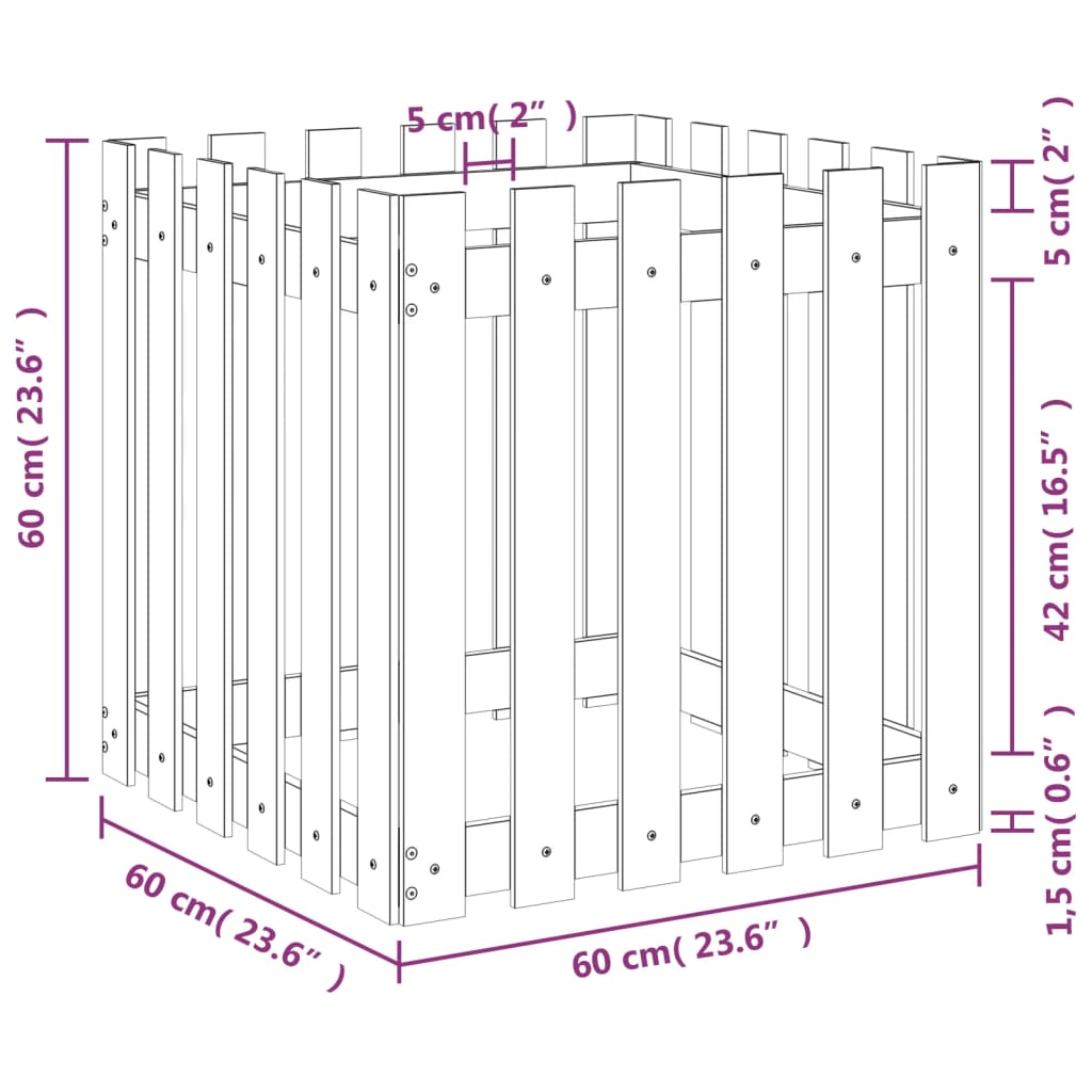 Cache-pot design palissade 60x60x60 cm bois de pin massif