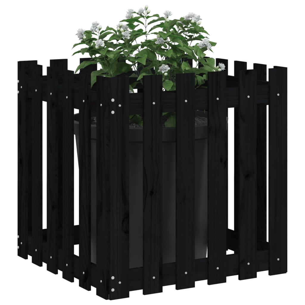 Plant pot picket fence design black 60x60x60 cm pine wood