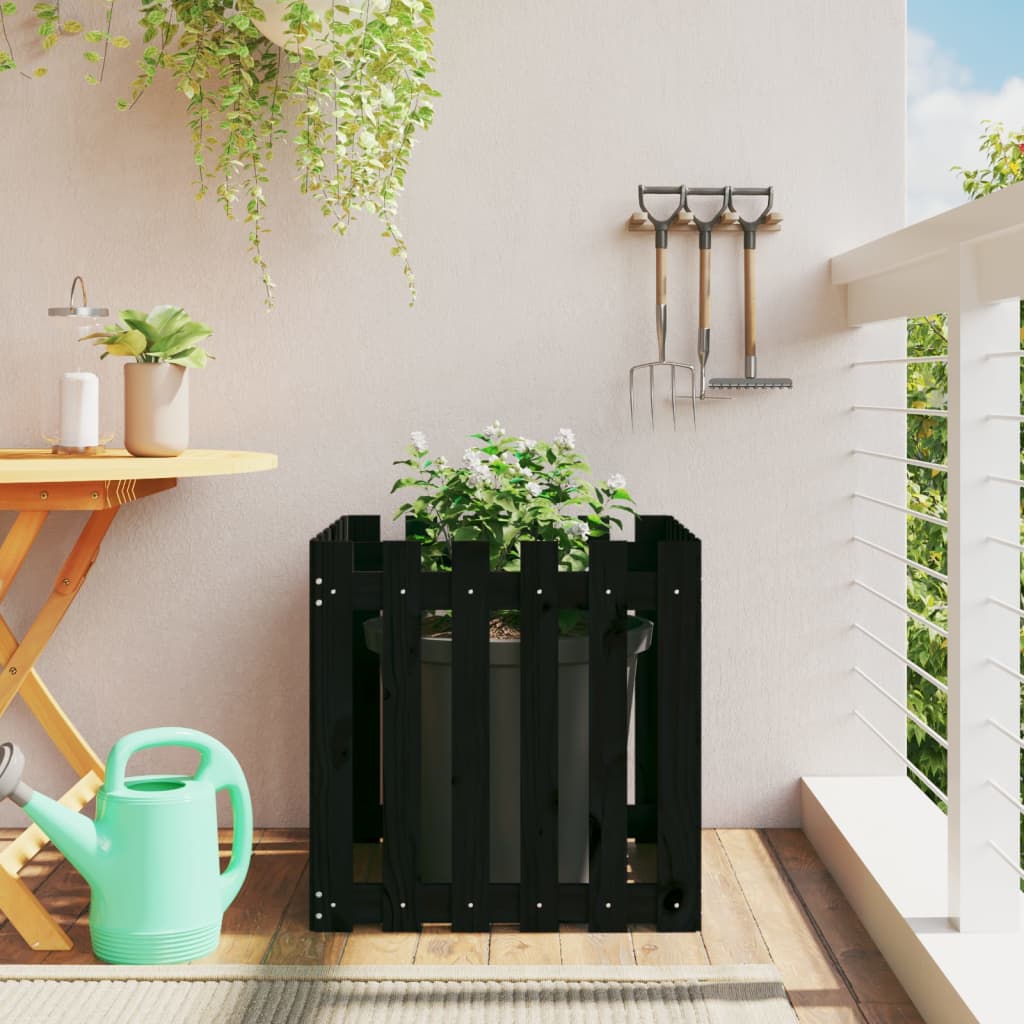Plant pot picket fence design black 60x60x60 cm pine wood