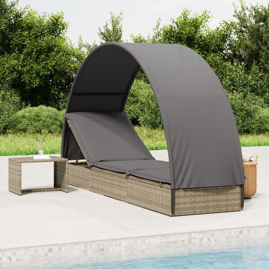 Sun lounger with round roof grey 211x57x140 cm poly rattan