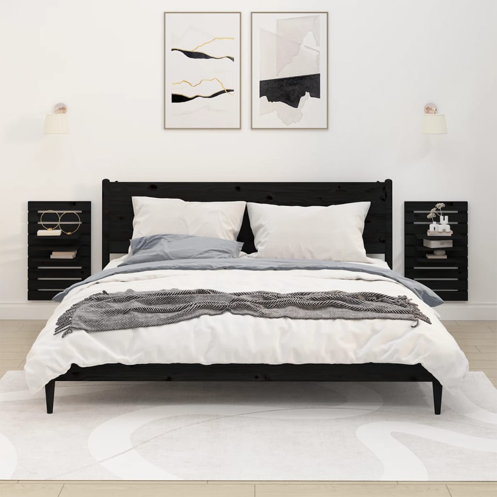 Wall bedside tables 2 pcs. Black solid pine wood