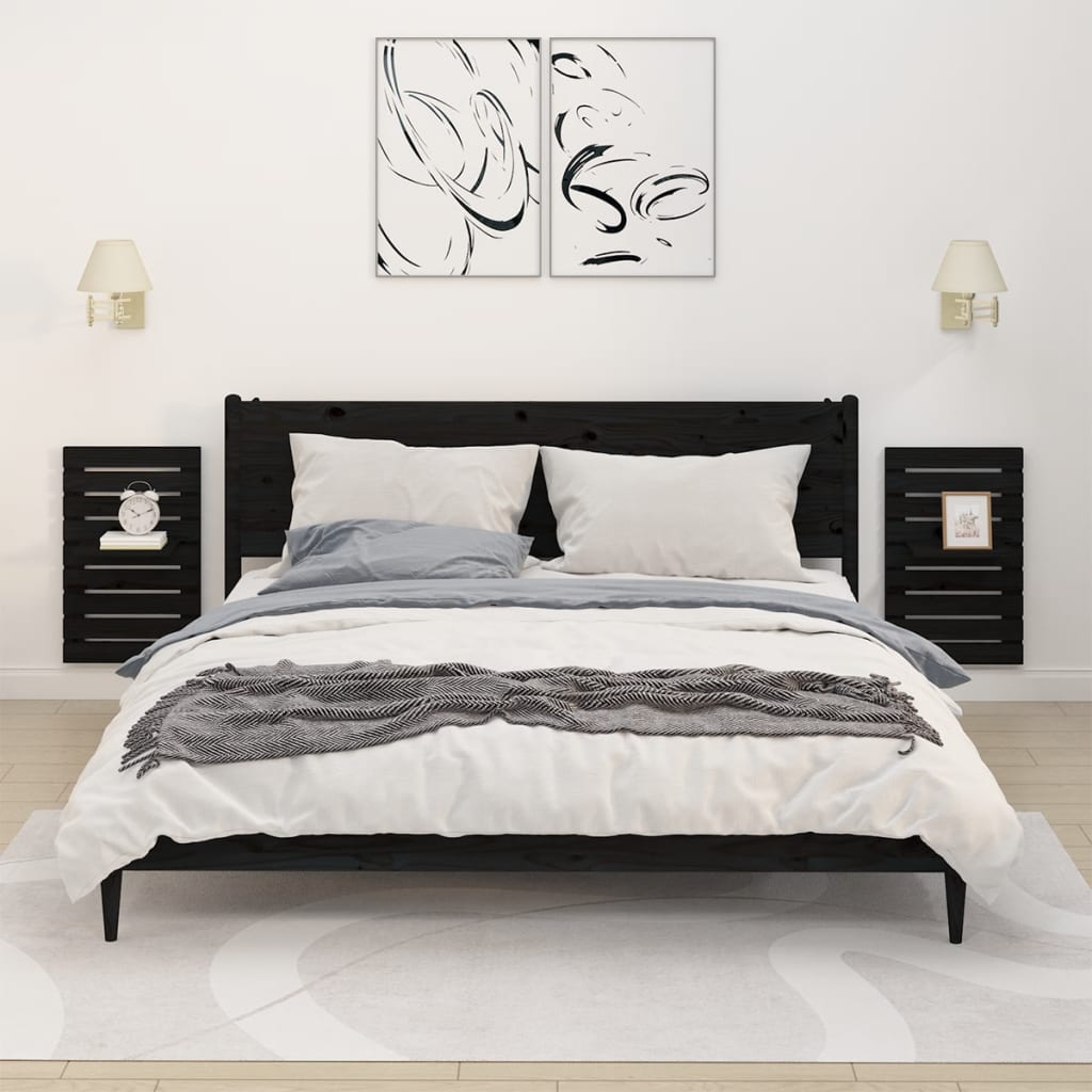 Wall bedside tables 2 pcs. Black solid pine wood