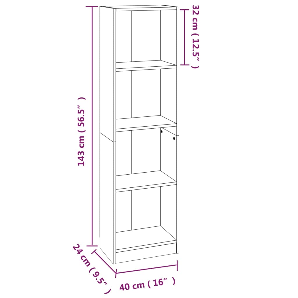 Bookcase 4 compartments smoked oak 40x24x143 cm wood material