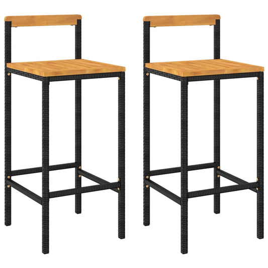 Tabourets de bar 2 pcs. Polyrotin noir et bois d'acacia massif