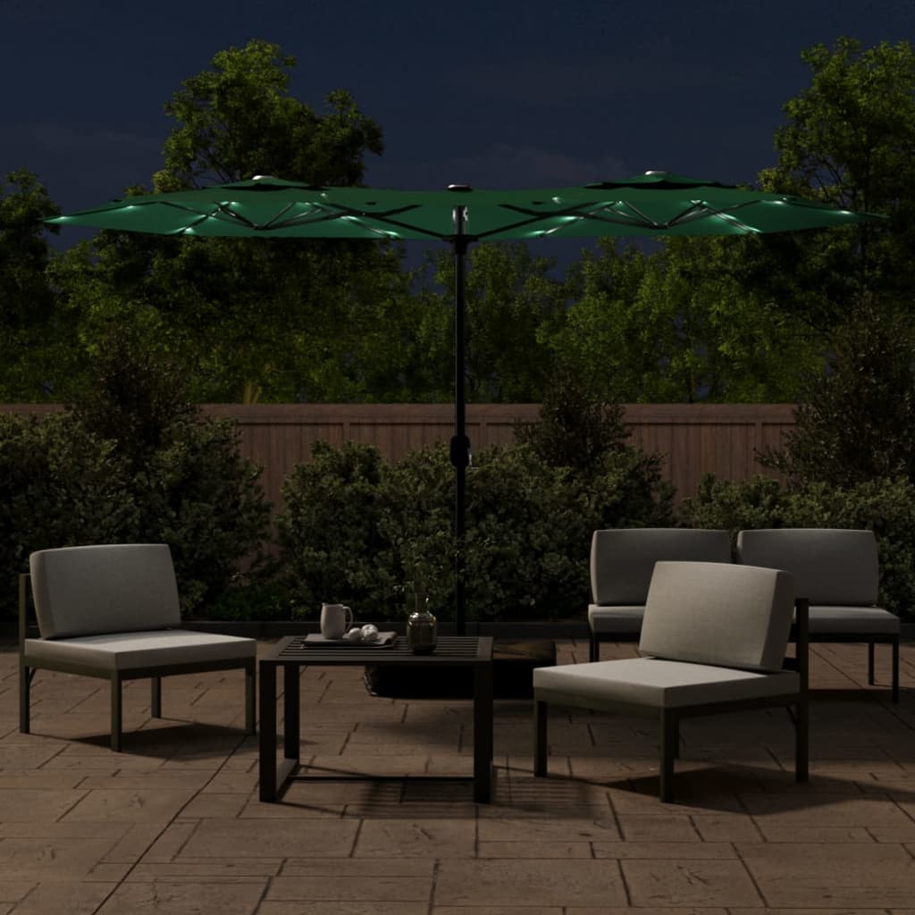 Doppel-Sonnenschirm mit LED-Leuchten Grün 316x145 cm