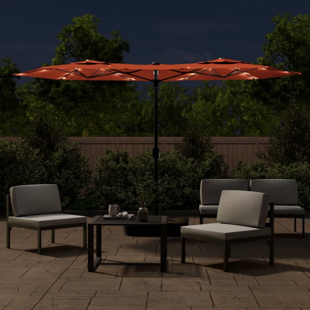 Doppel-Sonnenschirm mit LED-Leuchten Terrakottarot 316x145 cm