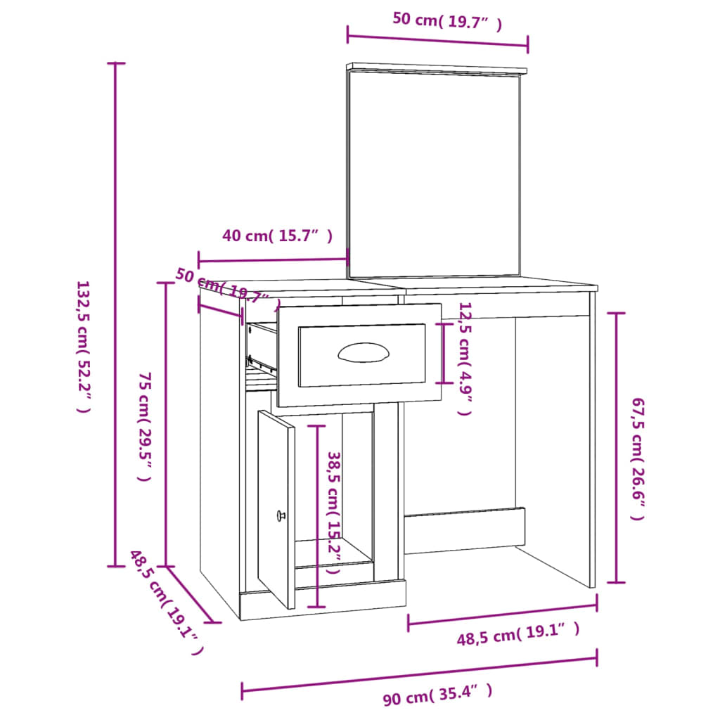 Dressing table with mirror smoked oak 90x50x132.5 cm